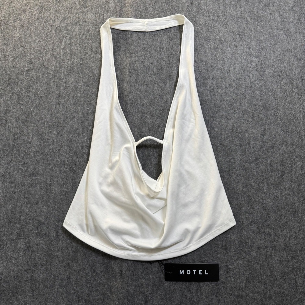 Motel Inda Plunge Top Jersey Ivory White Halter Crop Top Size S NEW